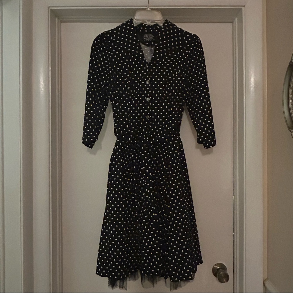 Black and White A-Line Dress with Notched Collar and Tie Front